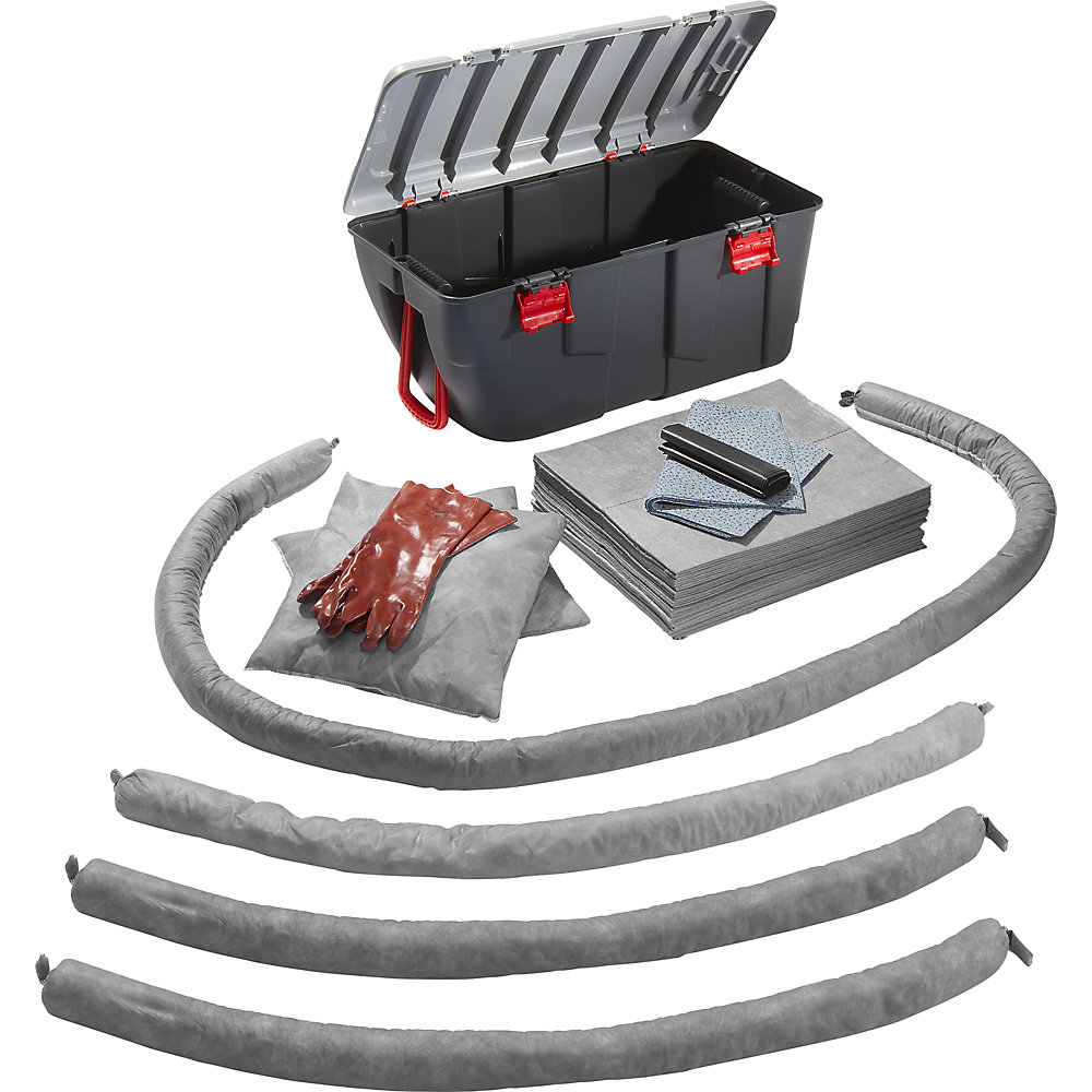 Kit d'urgence anti-fuites, dans une malle en plastique, version universelle