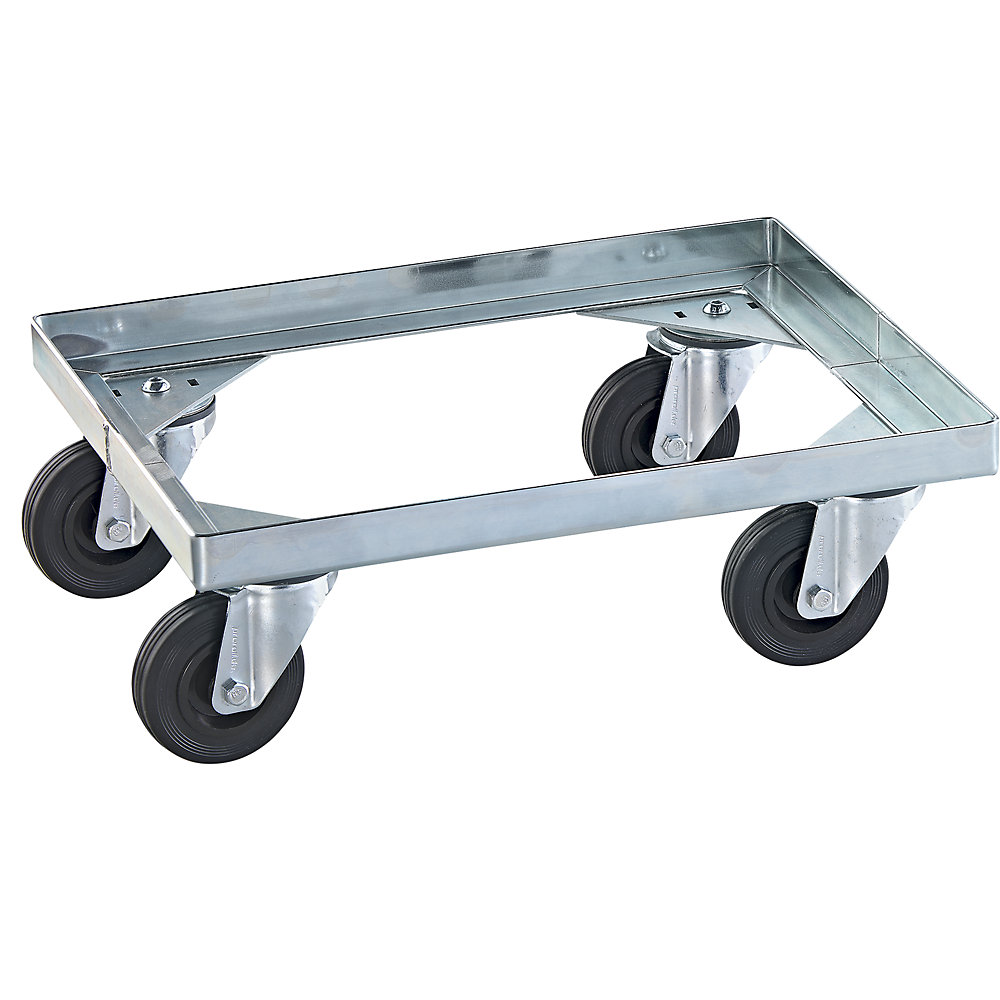 EUROKRAFTpro Steel wheeled base, with solid rubber tyres, max. load 250 kg, shelf 410 x 310 mm, zinc plated