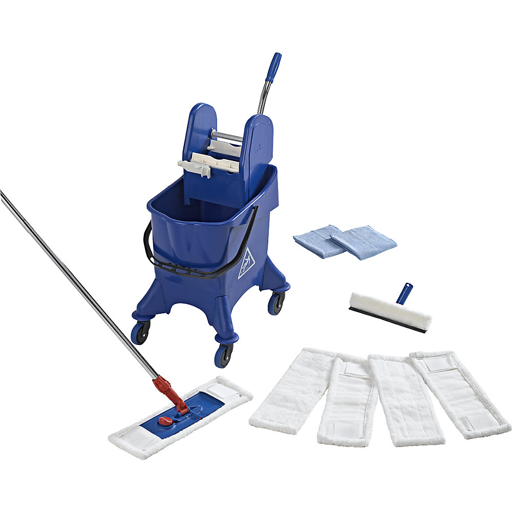 Professional cleaning set, with single mobile bucket, 30 l, folding holder with 2-part chrome handle