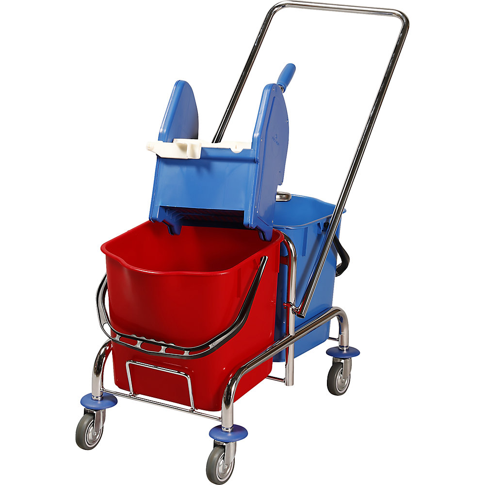 Wet mop trolley, 2 x 25 l mobile buckets, swivelling mop wringer, wide wipe mop set