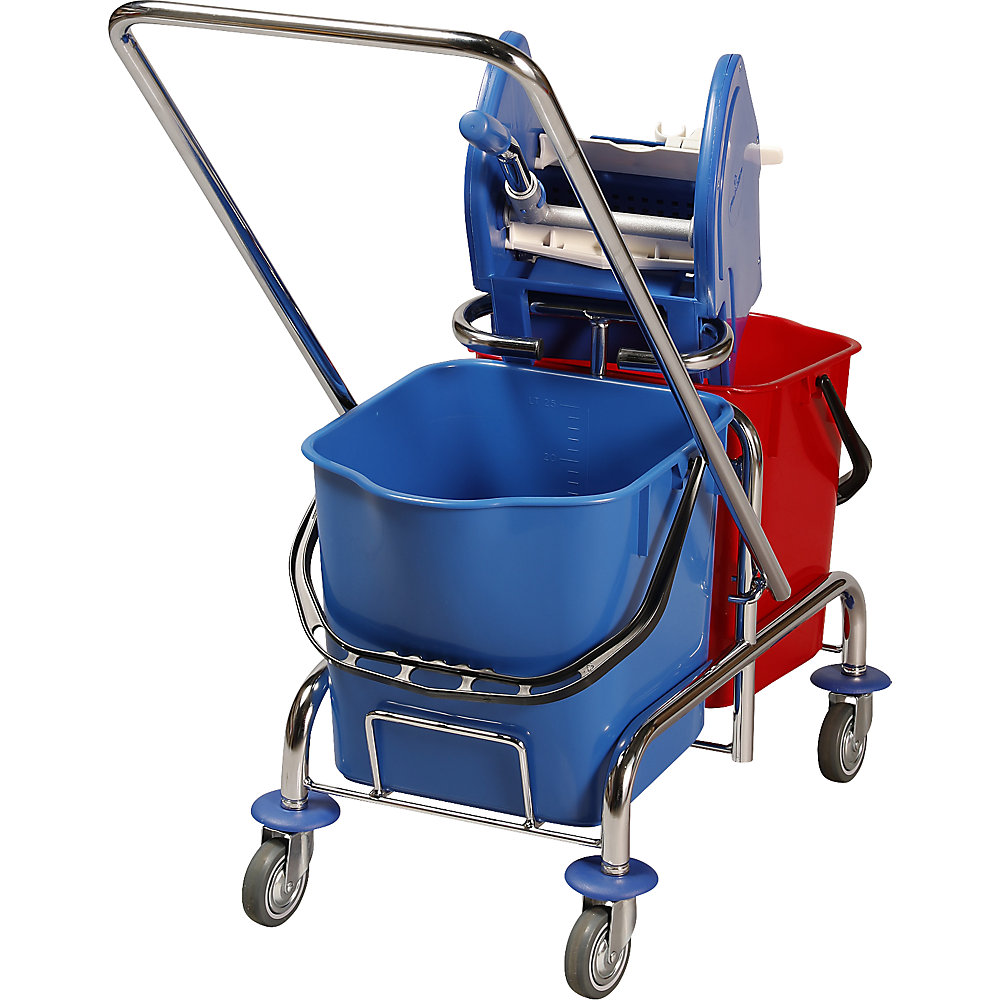 Wet mop trolley, 2 x 25 l double mobile buckets, swivelling mop wringer, plastic bucket with handle