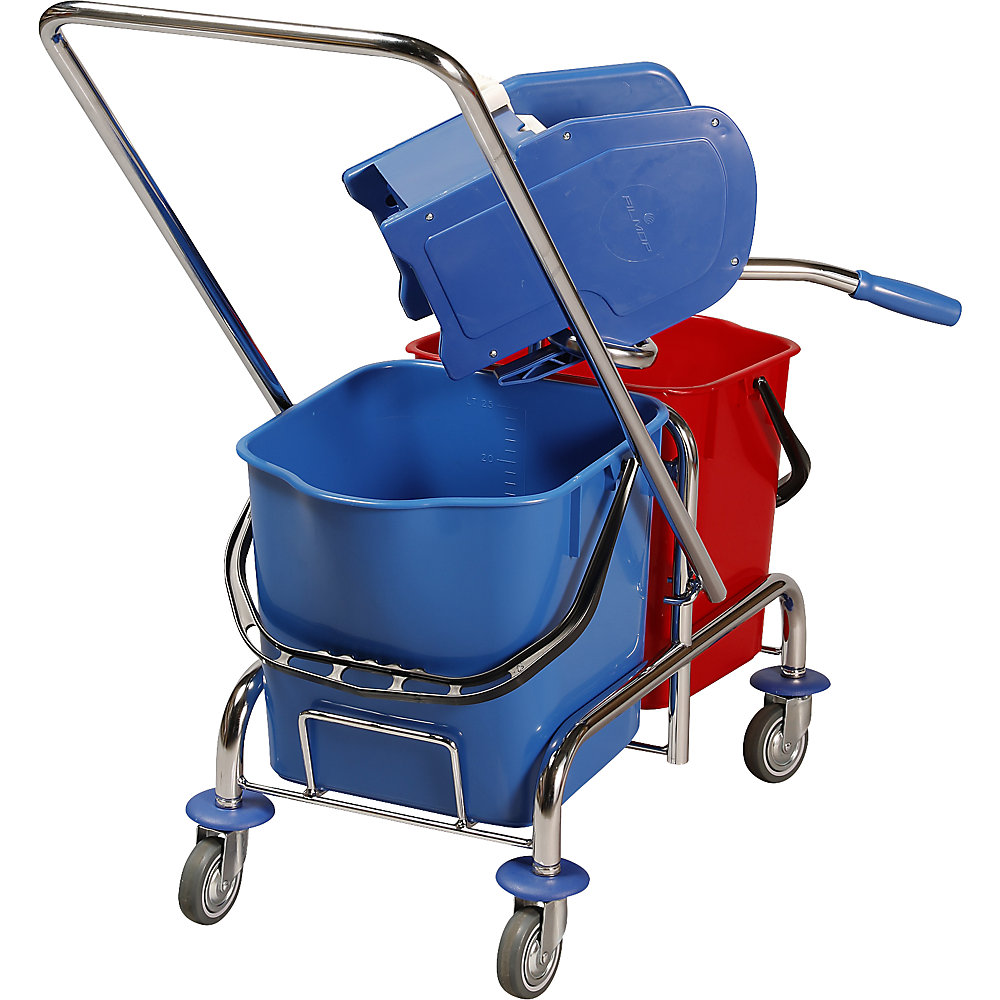 Wet mop trolley, 2 x 25 l mobile buckets, swivelling mop wringer, floor mop set