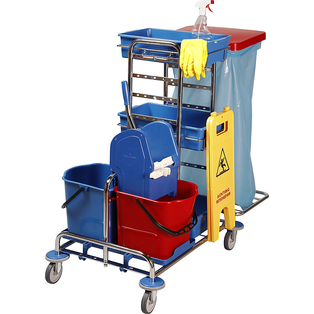 kaiserkraft Reinigungswagen-Set, LxBxH 1050 x 580 x 1100 mm, 3 Kunststoffschalen, 10 Mopps, Fransenmopp-Set 2