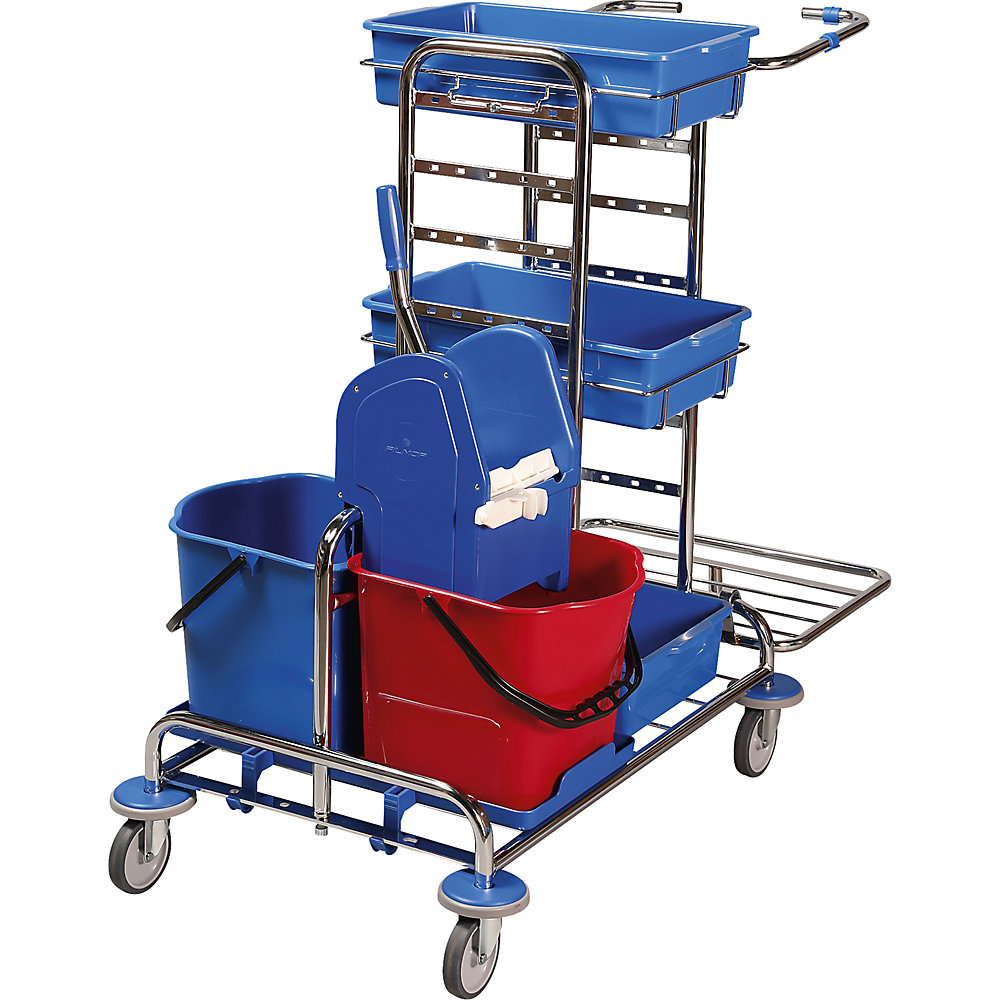Cleaning and service trolley, LxWxH 1050 x 580 x 1100 mm, 3 plastic trays, chrome plated