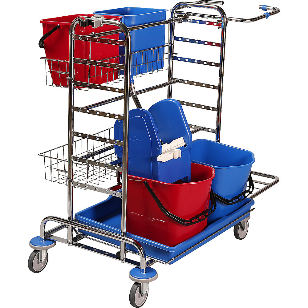 Cleaning and service trolley, LxWxH 1130 x 670 x 1100 mm, 2 wire baskets, chrome plated