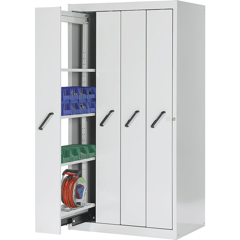 LISTA Armoire à panneaux coulissants avec caches frontaux, avec 4 tablettes, 4 panneaux coulissants, gris