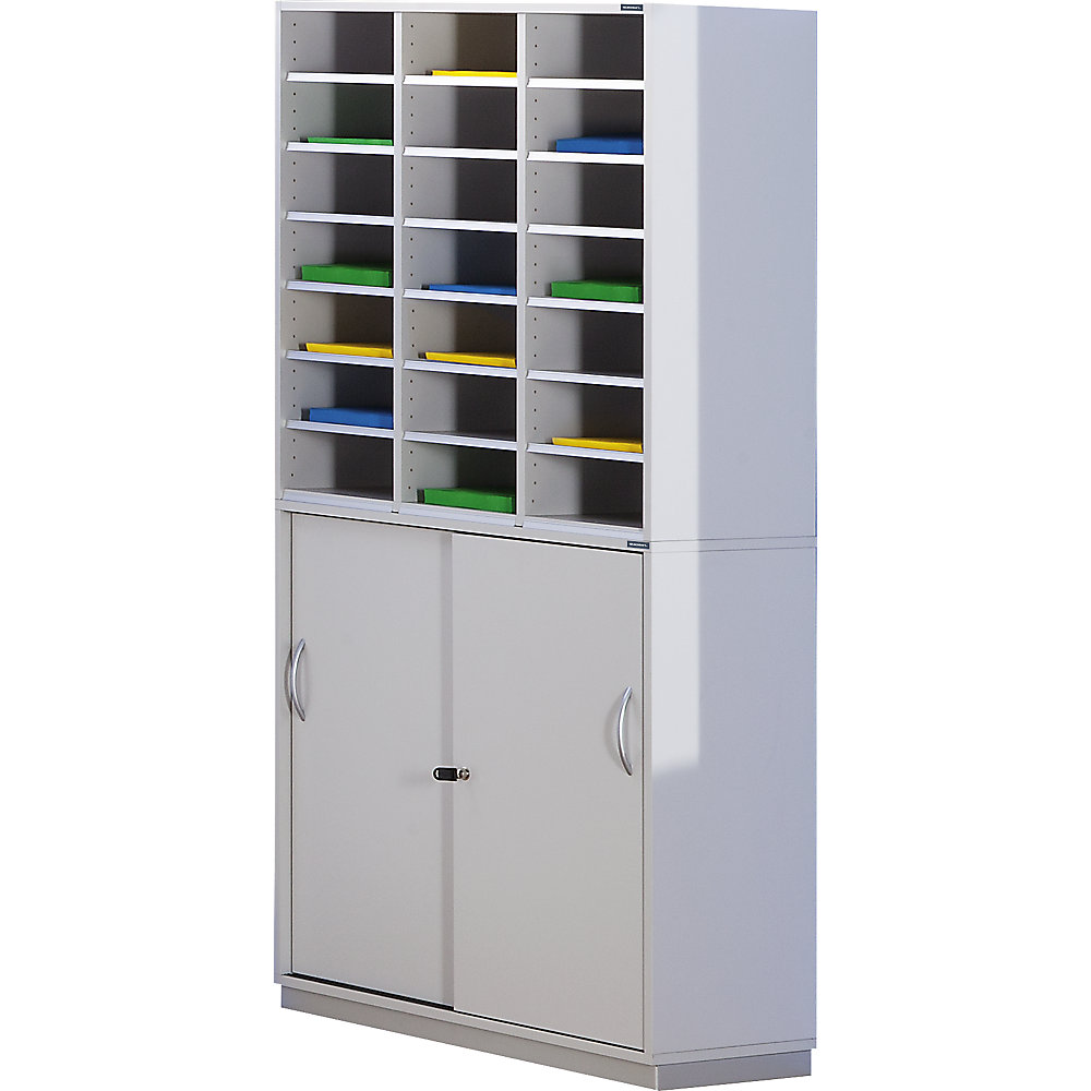 EUROKRAFTpro Sorting unit with base cupboard, HxWxD 1864 x 913 x 420 mm, 21 compartments, light grey