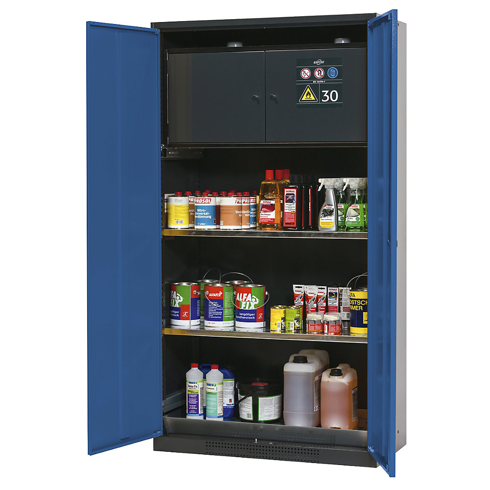 asecos Chemical storage cupboard, solid panel door, with hazardous goods storage box, door colour gentian blue RAL 5010