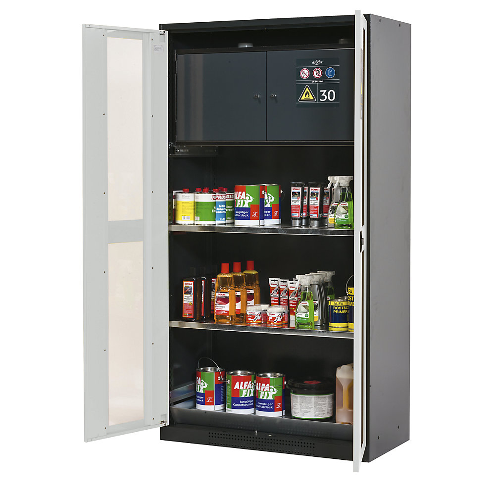 asecos Chemical storage cupboard, door with vision panels, with hazardous goods storage box, door colour light grey RAL 7035