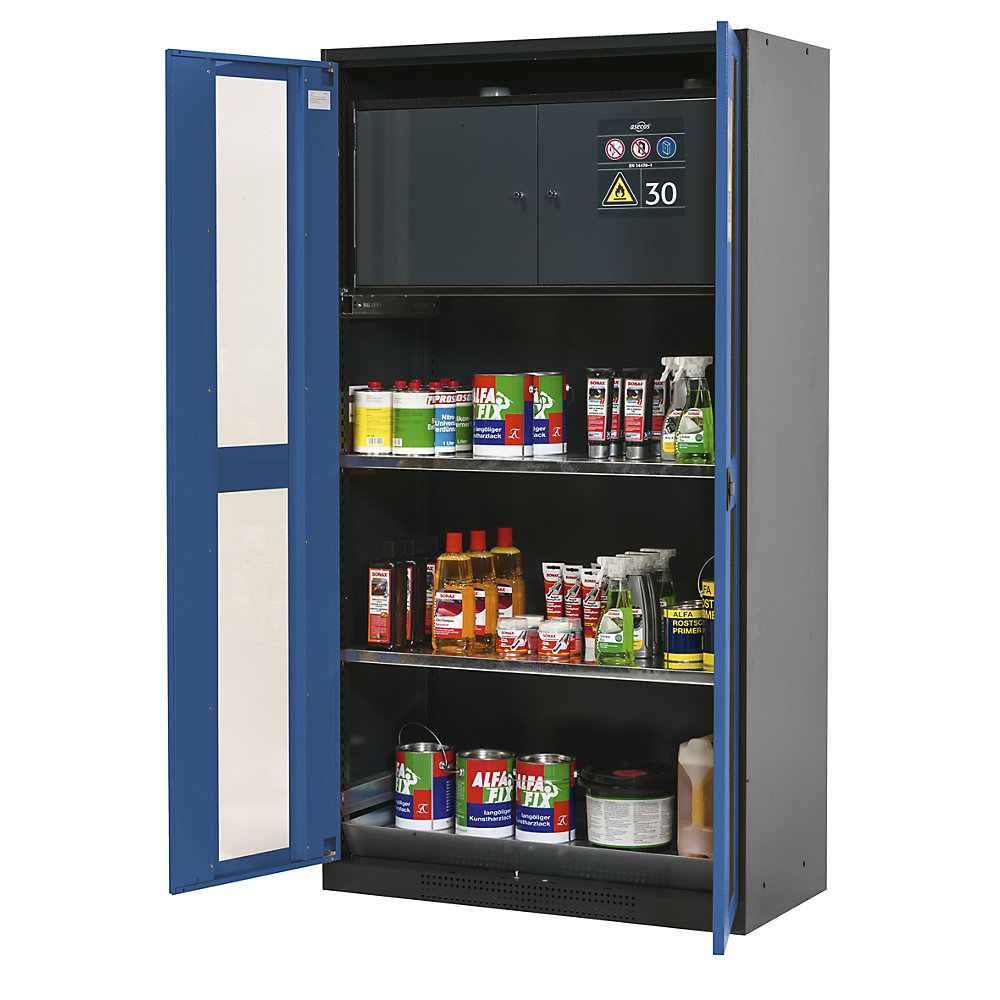 asecos Chemical storage cupboard, door with vision panels, with hazardous goods storage box, door colour gentian blue RAL 5010