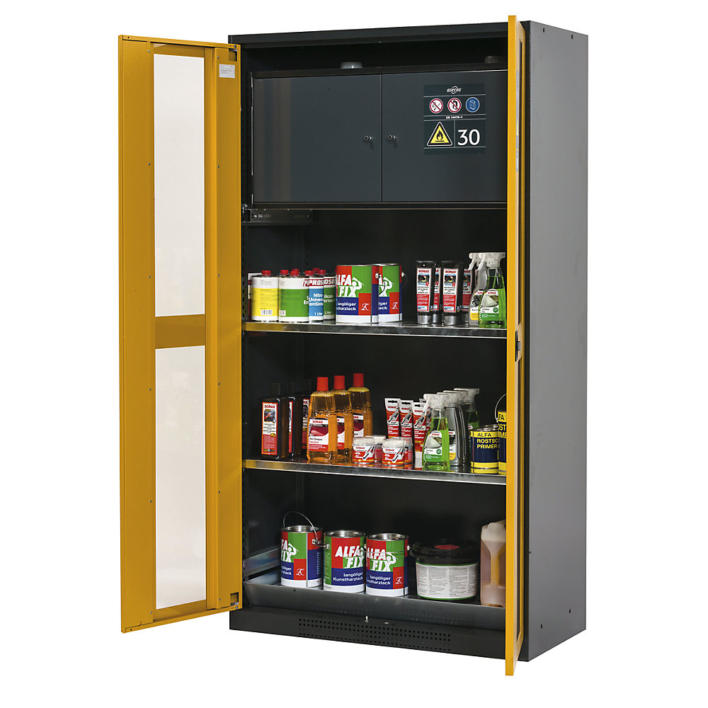 asecos Chemical storage cupboard, door with vision panels, with hazardous goods storage box, door colour golden yellow RAL 1004