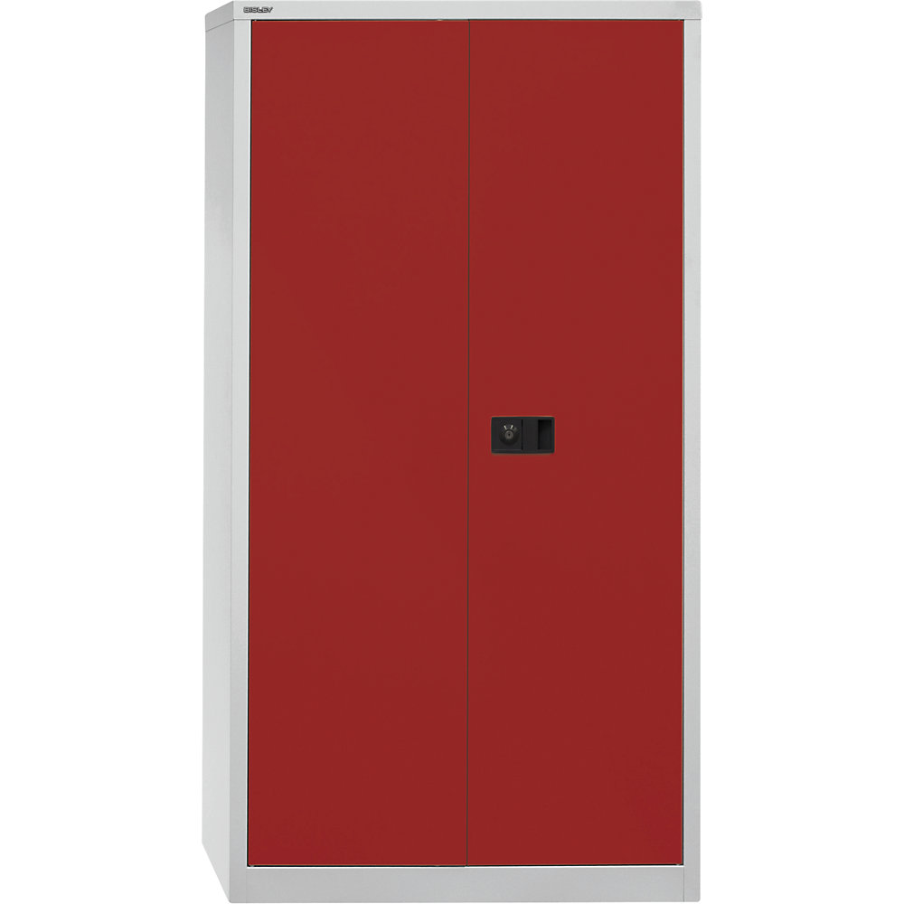 BISLEY UNIVERSAL double door cupboard, HxWxD 1806 x 914 x 400 mm, 3 shelves, 4 file heights, light grey / cardinal red