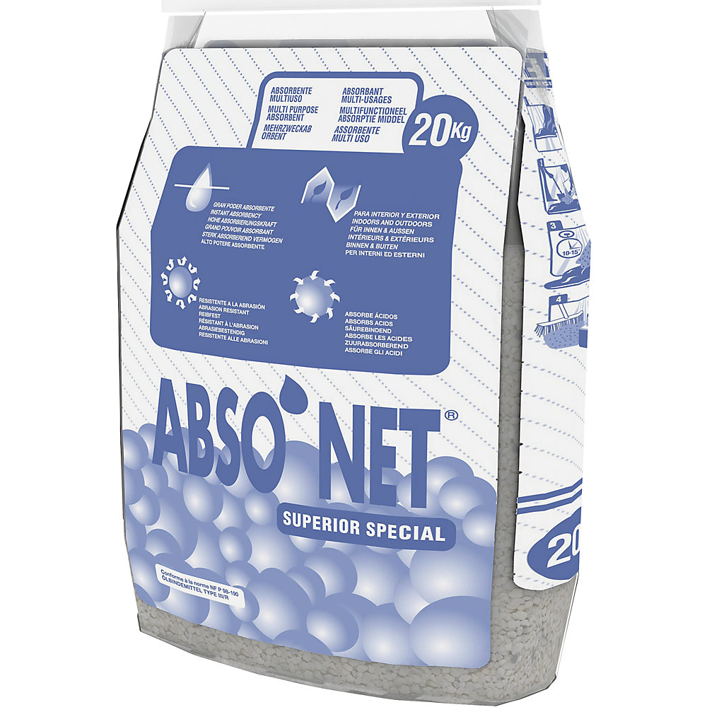 Universal absorbent granulate type III R fine grain, for porous surfaces/asphalt, in 20 kg sack, pack of 50