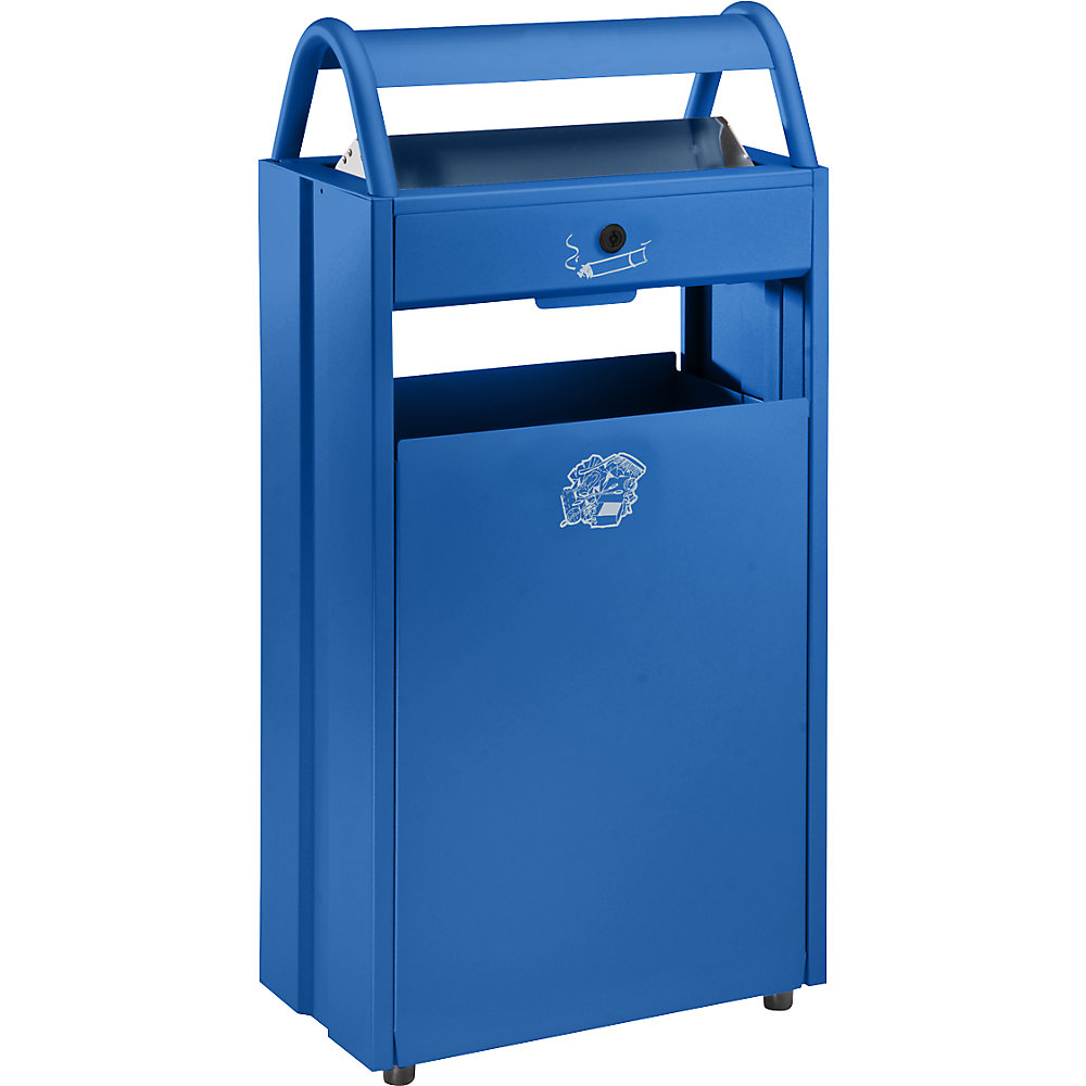 VAR Collecteur de déchets avec cendrier et toit de protection, capacité 60 l, l x h x p 480 x 960 x 250 mm, bleu gentiane RAL 5010