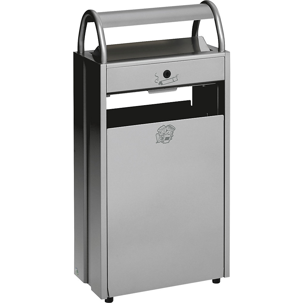 VAR Collecteur de déchets avec cendrier et toit de protection, capacité 60 l, l x h x p 480 x 960 x 250 mm, argent