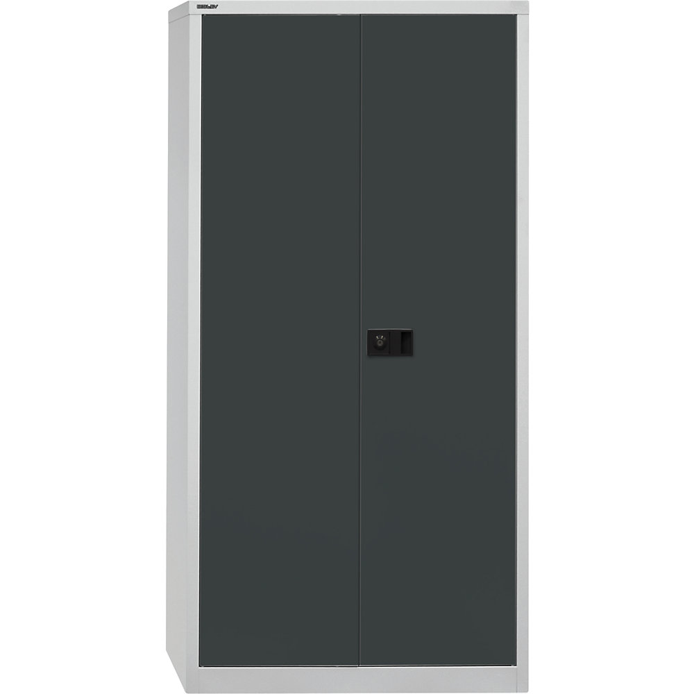 BISLEY UNIVERSAL double door cupboard, HxWxD 1950 x 914 x 500 mm, 4 zinc plated shelves, 5 file heights, light grey / charcoal