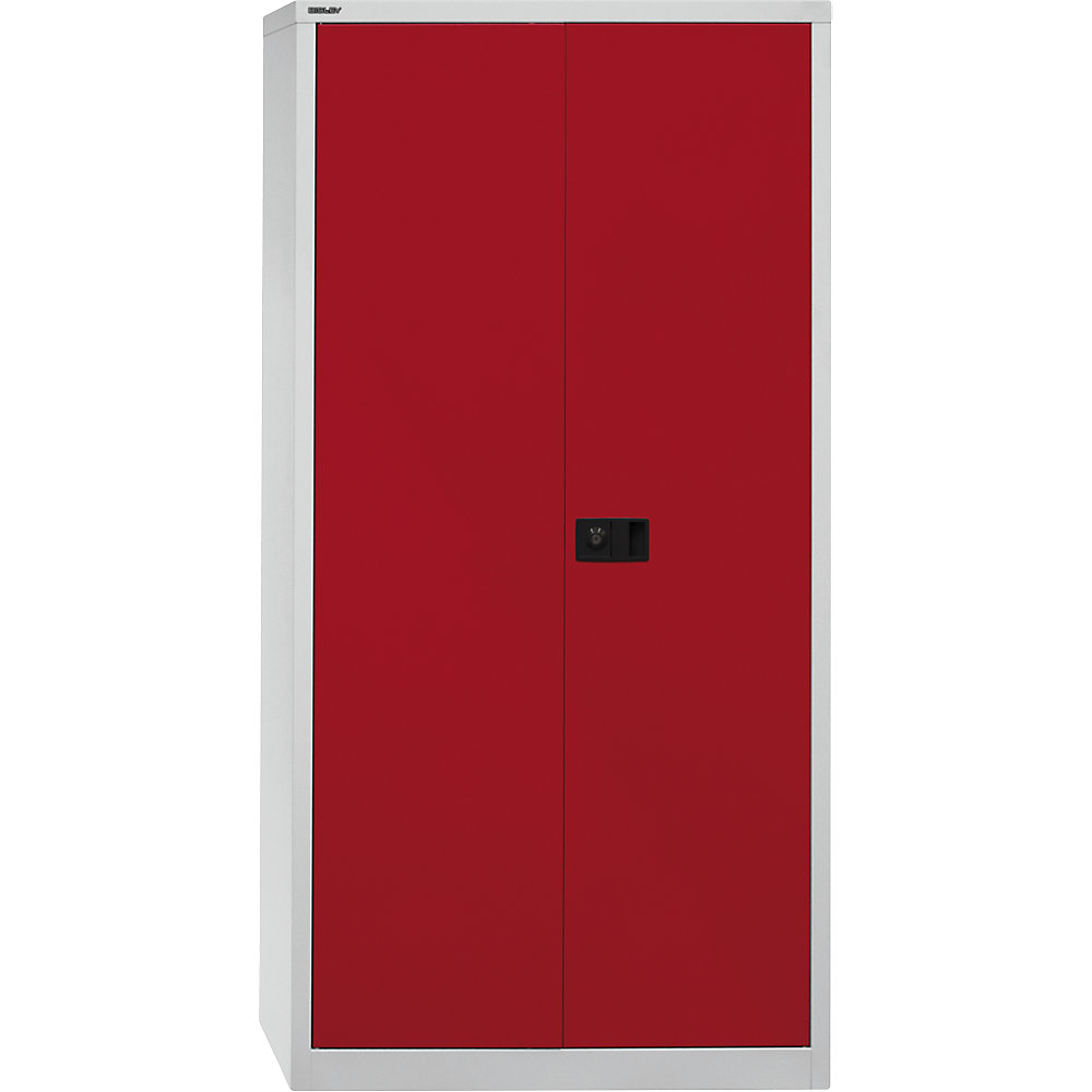 BISLEY UNIVERSAL double door cupboard, HxWxD 1950 x 914 x 500 mm, 4 zinc plated shelves, 5 file heights, light grey / cardinal red