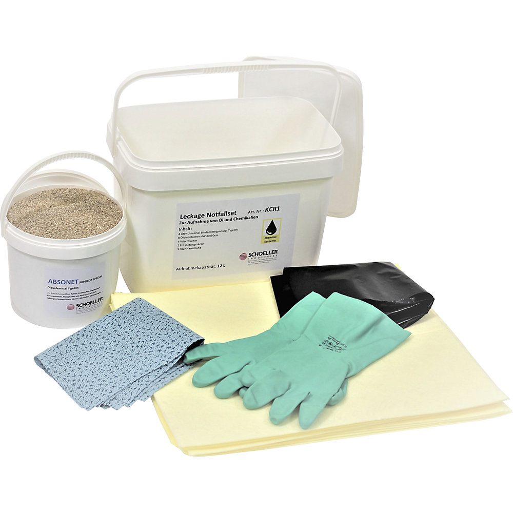 Boîte d'urgence anti-fuite, avec feuilles et granulés absorbants, version produits chimiques, feuilles jaunes