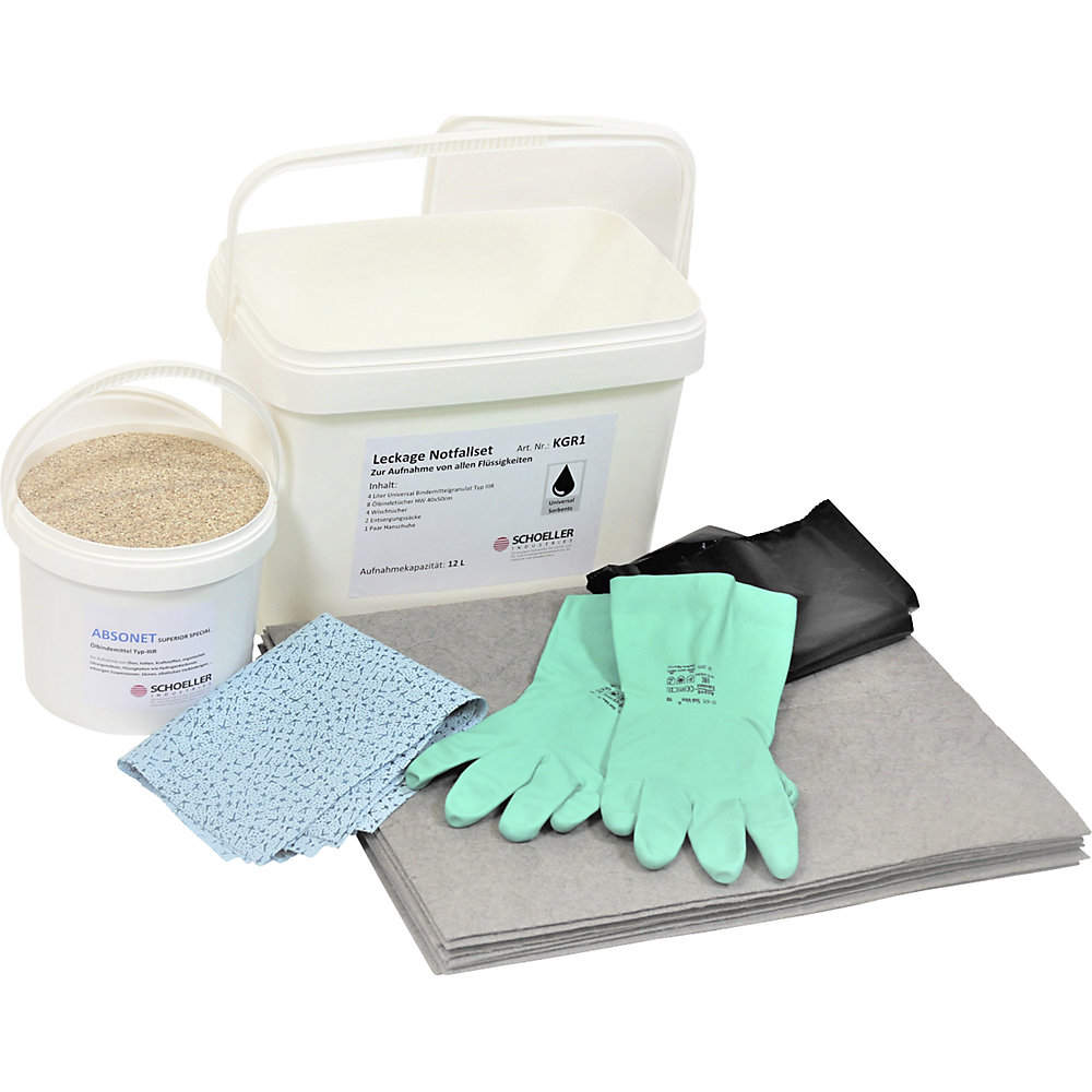Boîte d'urgence anti-fuite, avec feuilles et granulés absorbants, version universelle, feuilles grises