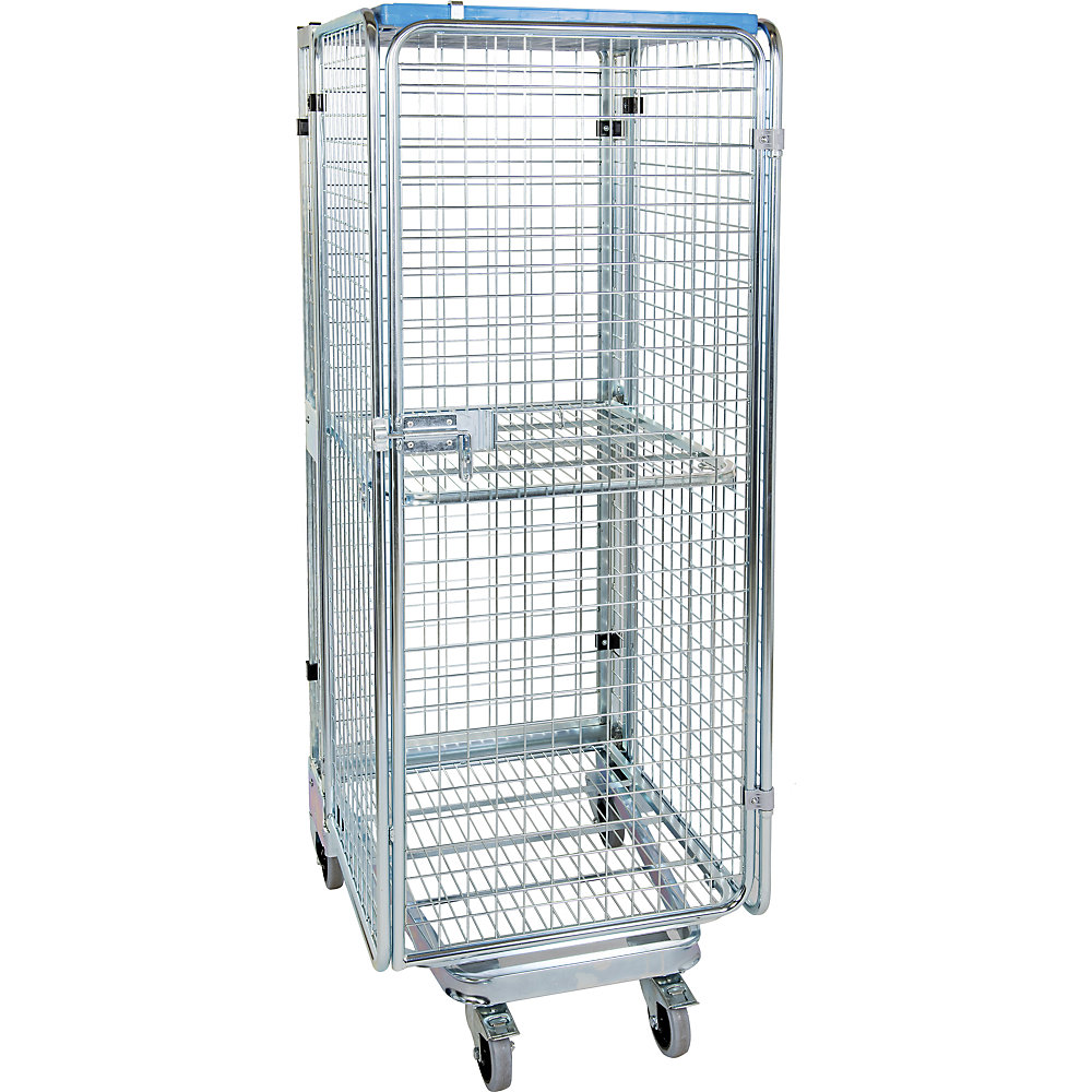 Roll container, theft proof, 5-sided, with mesh shelf and shelf, with rain protection