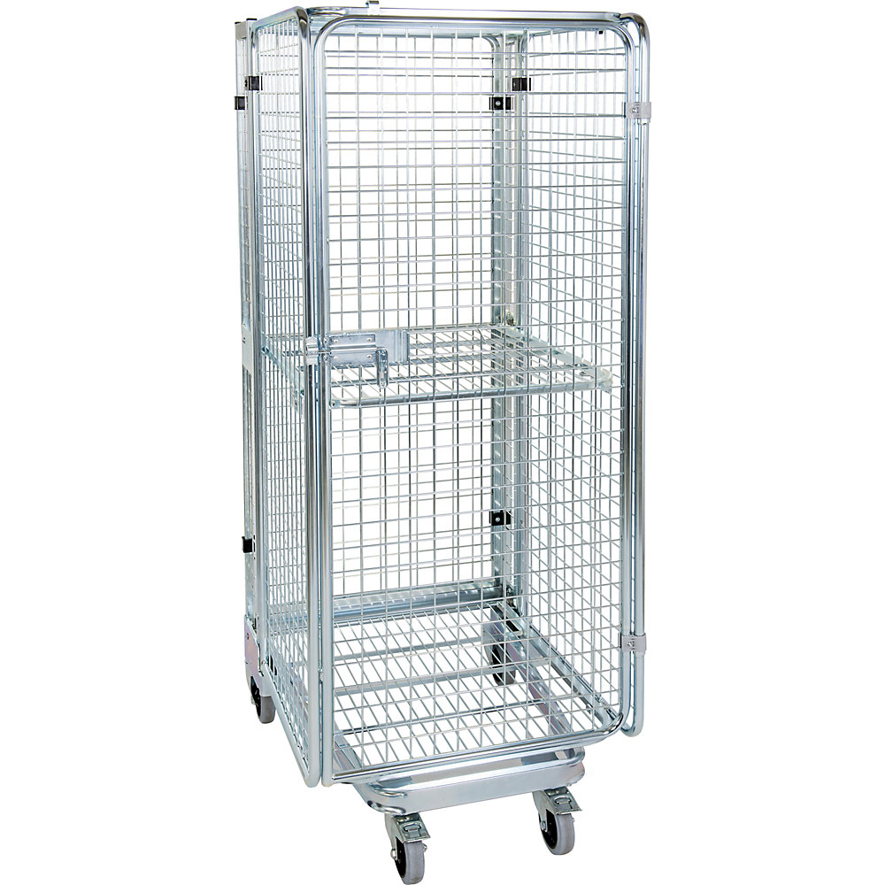 Roll container, theft proof, 5-sided, with mesh shelf and shelf, without rain protection