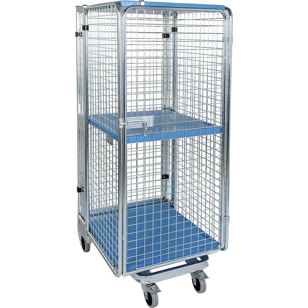 Roll container, theft proof, 5-sided, with plastic shelf and shelf, with rain protection