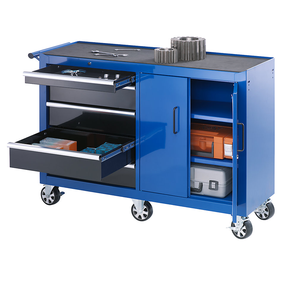 kaiserkraft Werkstattwagen, HxBxT 990 x 1324 x 458 mm, 5 Schubladen, 1 Doppeltür, blau 2