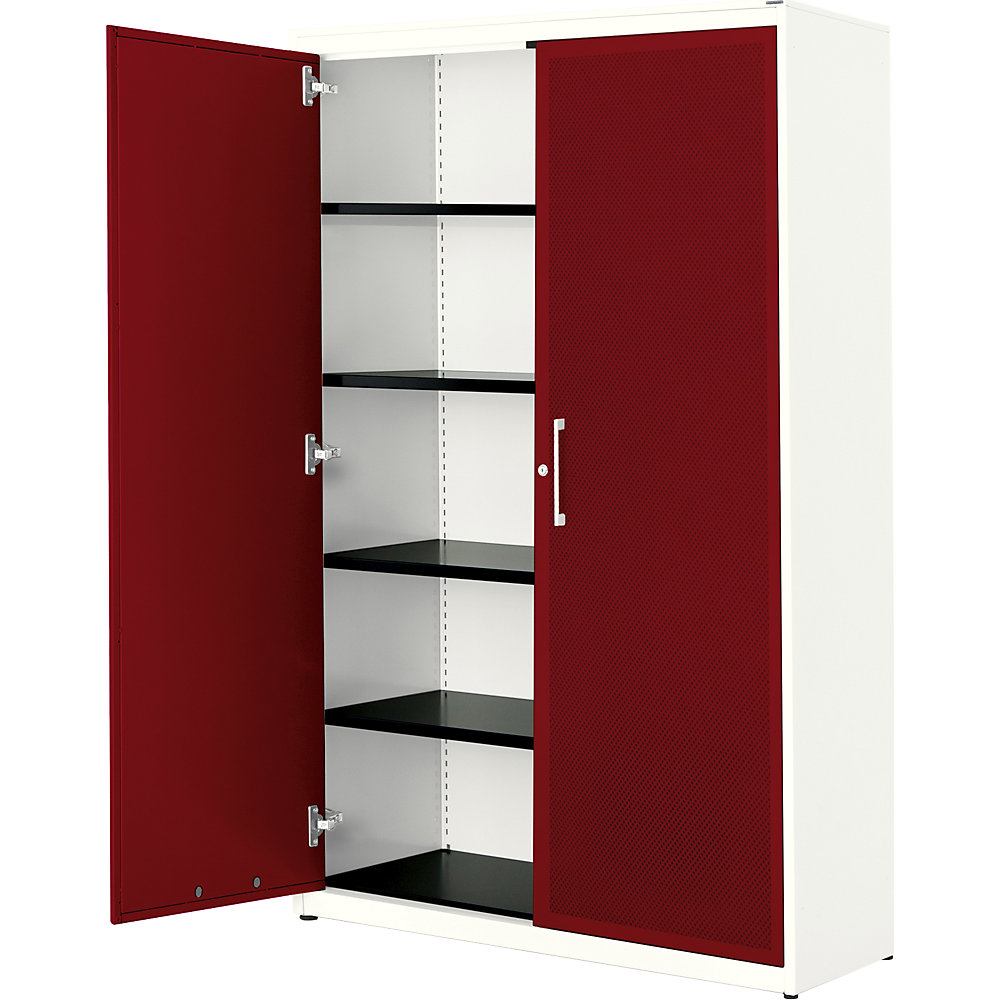 mauser Armoire à portes battantes, à effet acoustique, h x l x p 1956 x 1200 x 432 mm, 4 tablettes, blanc pur / rouge rubis