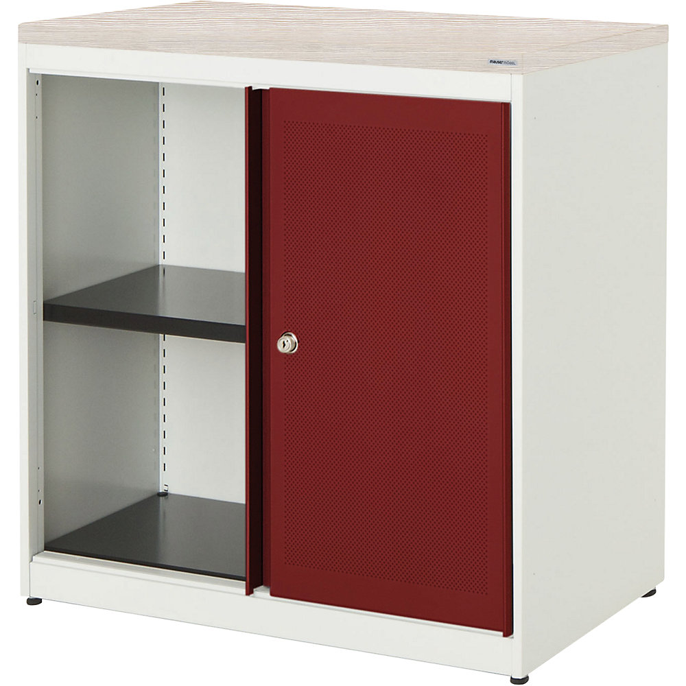 mauser Armoire à portes coulissantes, à effet acoustique, plateau en plastique, h x l x p 830 x 800 x 432 mm, 1 tablette, blanc pur / rouge rubis / mélèze occidental