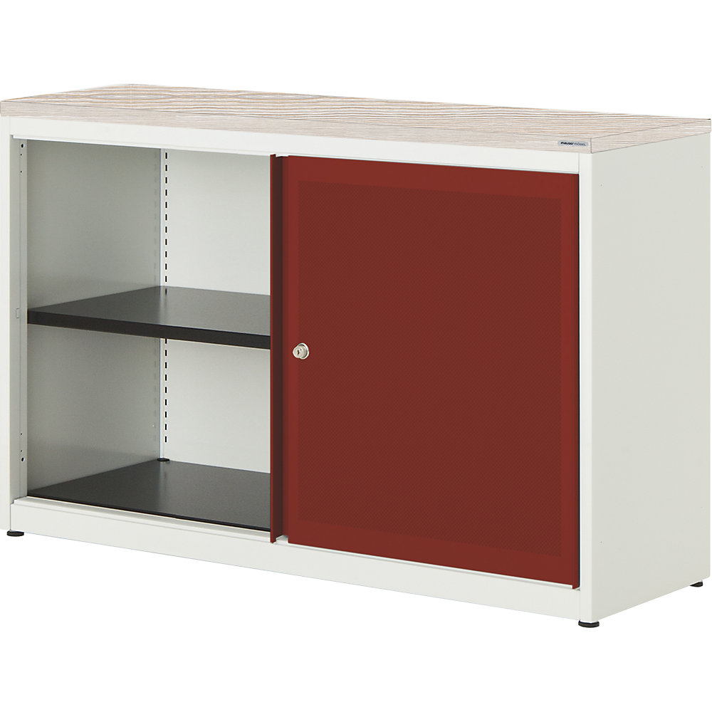 mauser Armoire à portes coulissantes, à effet acoustique, plateau en plastique, h x l x p 830 x 1200 x 432 mm, 1 tablette, blanc pur / rouge rubis / mélèze occidental