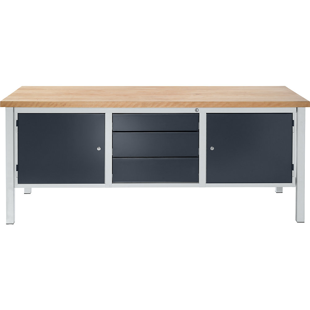 kaiserkraft Werkbank, Breite 2000 mm, 3 Schubladen: 1 x 125 / 2 x 175 mm, 2 Türen 475 mm, lichtgrau / anthrazitgrau 2