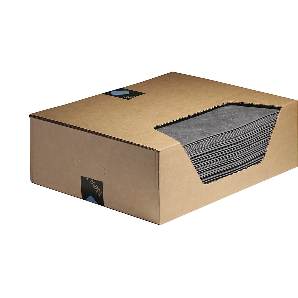PIG Universal absorbent sheeting, pack of 100, in a dispenser box, lightweight version, WxL 380 x 510 mm