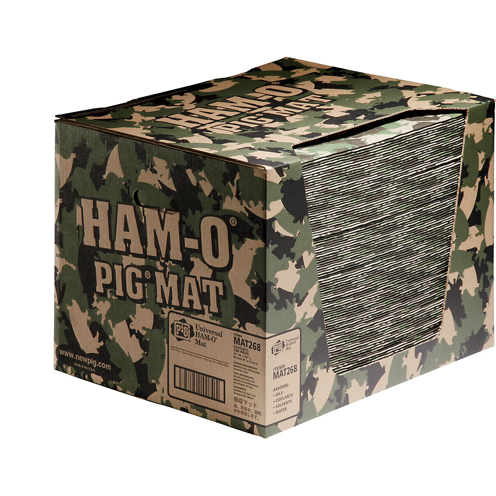 PIG HAM-O® universal absorbent sheeting mat, universal version, in dispenser box, green, WxL 410 x 510 mm, pack of 100