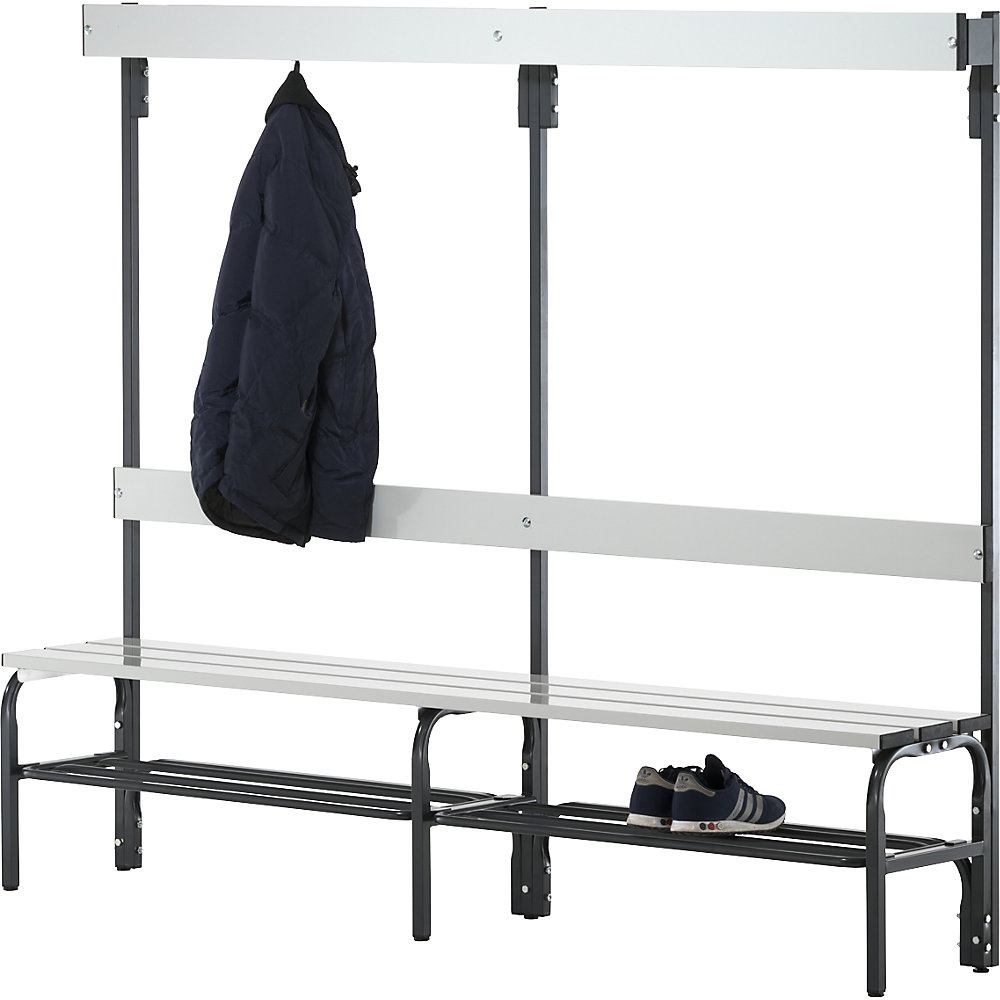 Umkleidebank mit Aluminiumleisten, HxT 1650 x 375 mm, einseitig, Länge 2000 mm, 6 Haken, anthrazit, Schuhrost Sypro 2