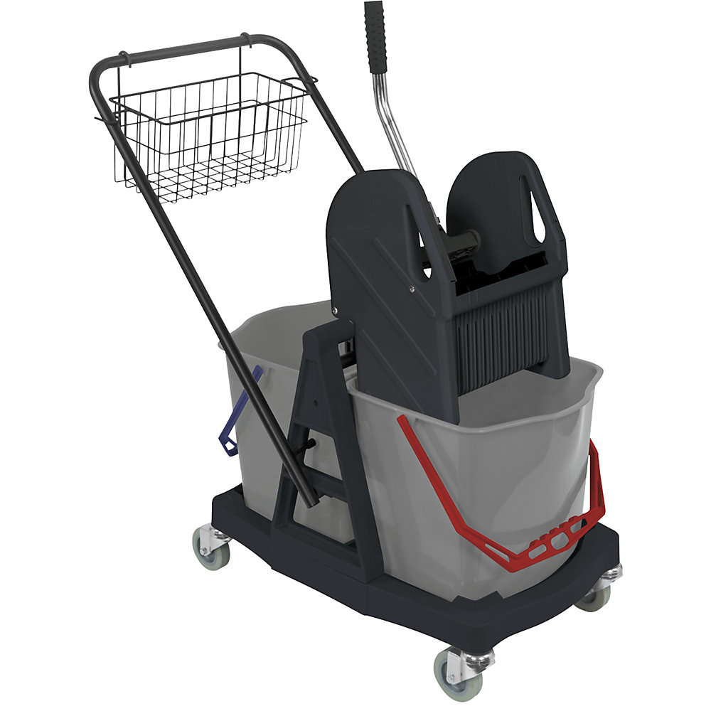 Wet mop trolley, 2 x 17 l double mobile buckets with push bar, and plastic frame