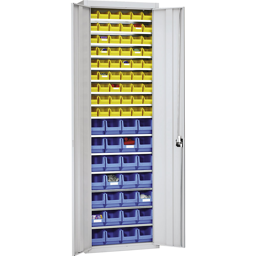 Magazinschrank mit Sichtlagerkästen, HxBxT 2150 x 680 x 280 mm, einfarbig, grau, 82 Kästen mauser 2