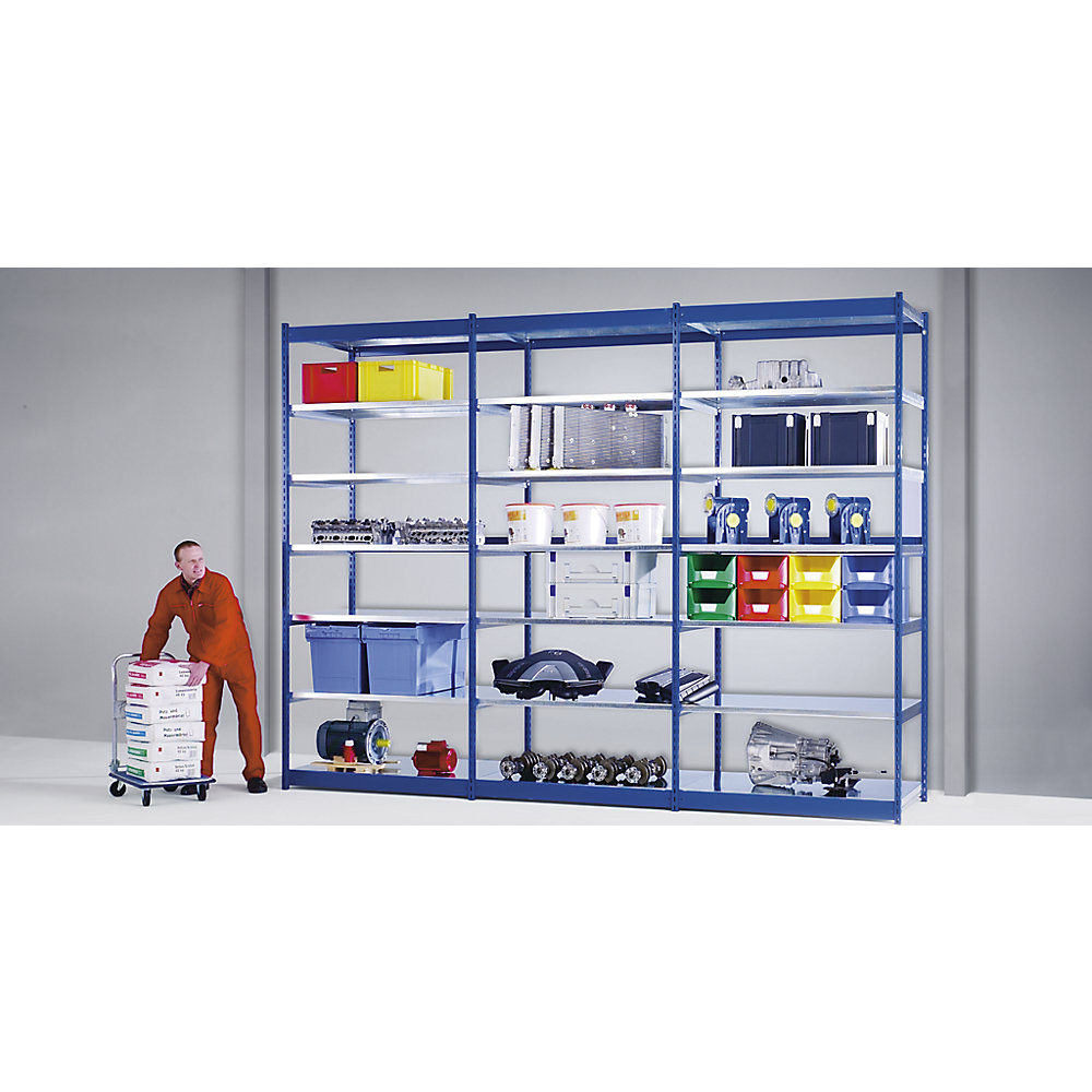 Stabil-Steckregal, doppelseitig, Regalhöhe 2500 mm, blau/verzinkt, Bodenbreite 1325 mm, Anbauregal, Breite x Tiefe 1325 x 400 mm hofe 2