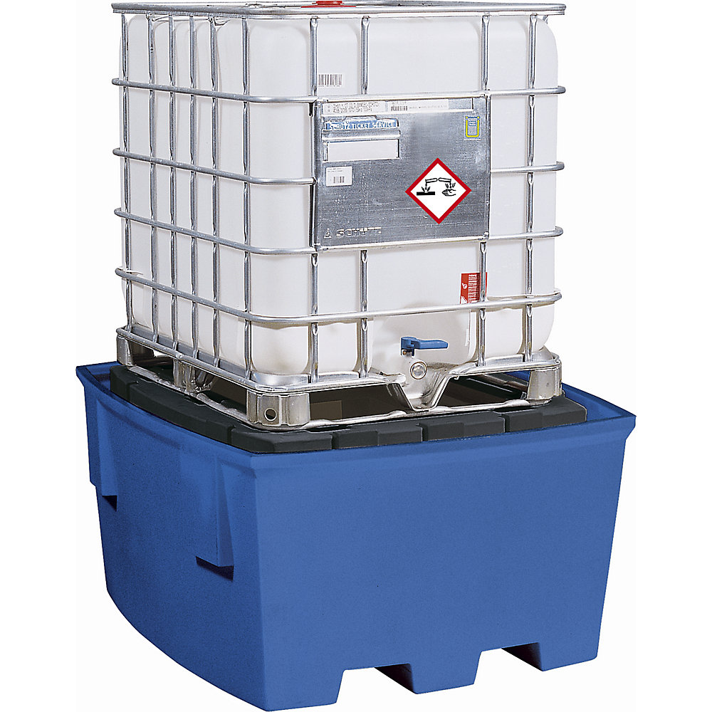 asecos PE sump tray for IBC/CTC tank containers, with storage platform and filling attachment, sump capacity 1000 l