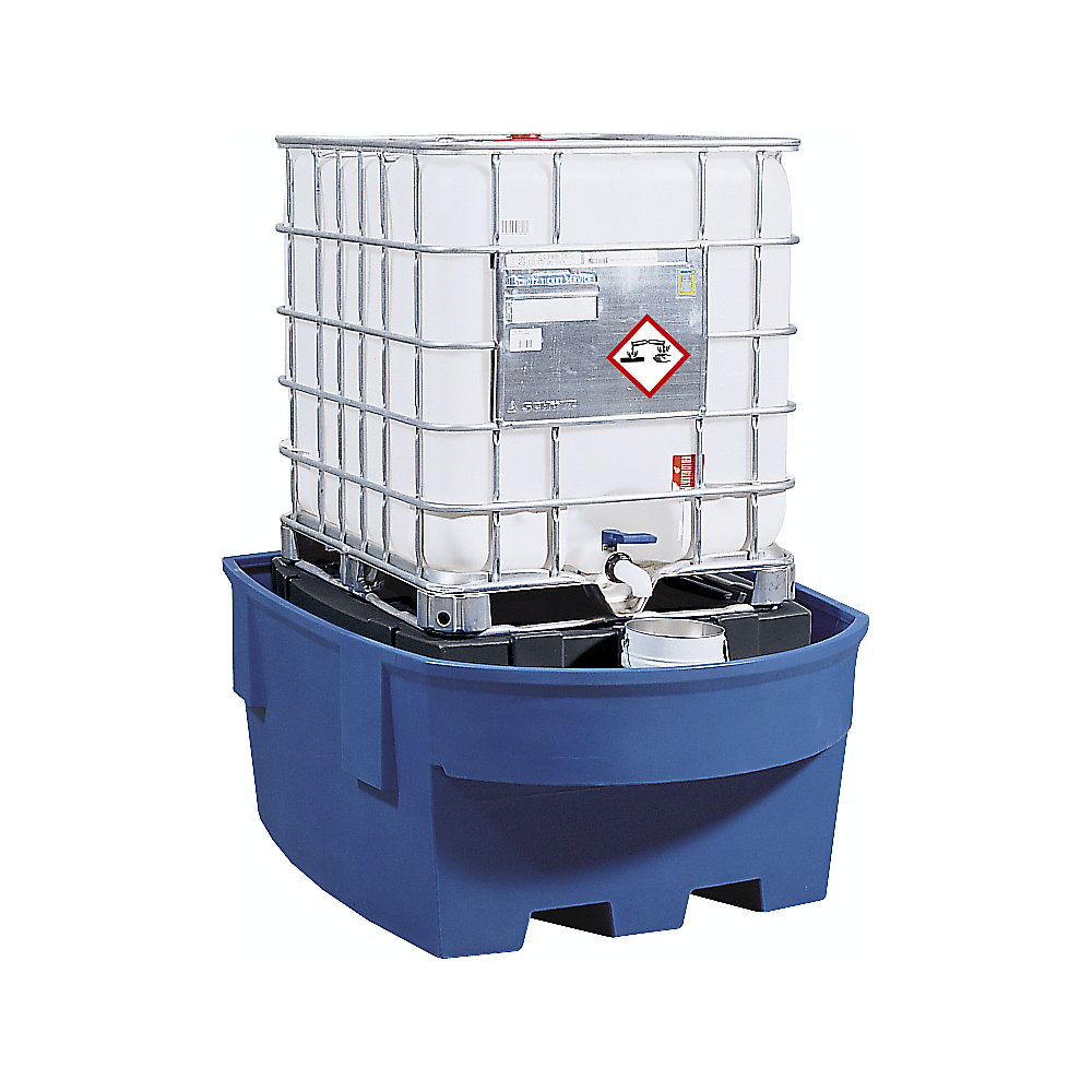 asecos PE sump tray for IBC/CTC tank containers, with storage platform and filling attachment, sump capacity 1100 l