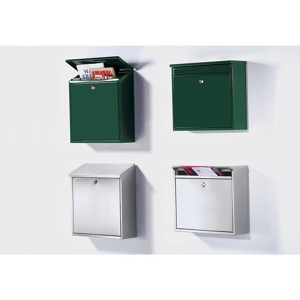 Letter box, with folding sloped roof, HxWxD 370 x 370 x 115 mm, stainless steel