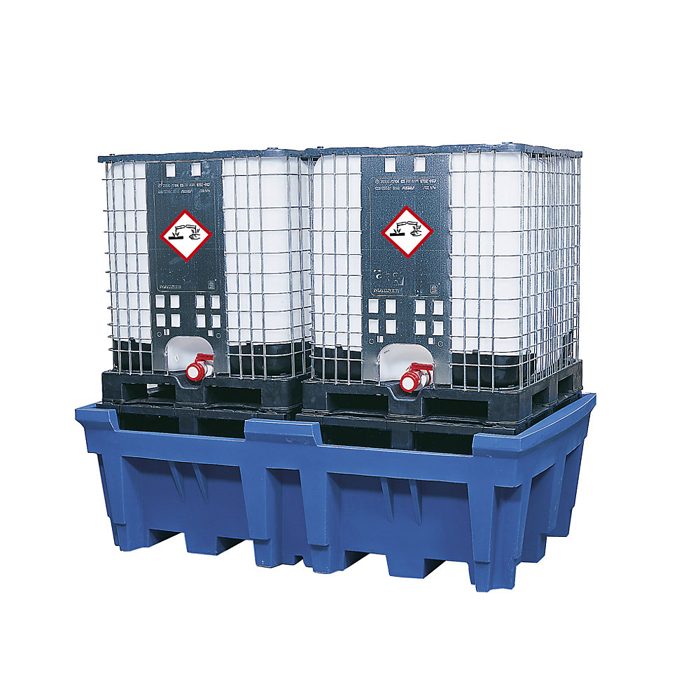 asecos PE sump tray for IBC/CTC tank containers, sump capacity 1000 l, for 2 containers, with PE support grate