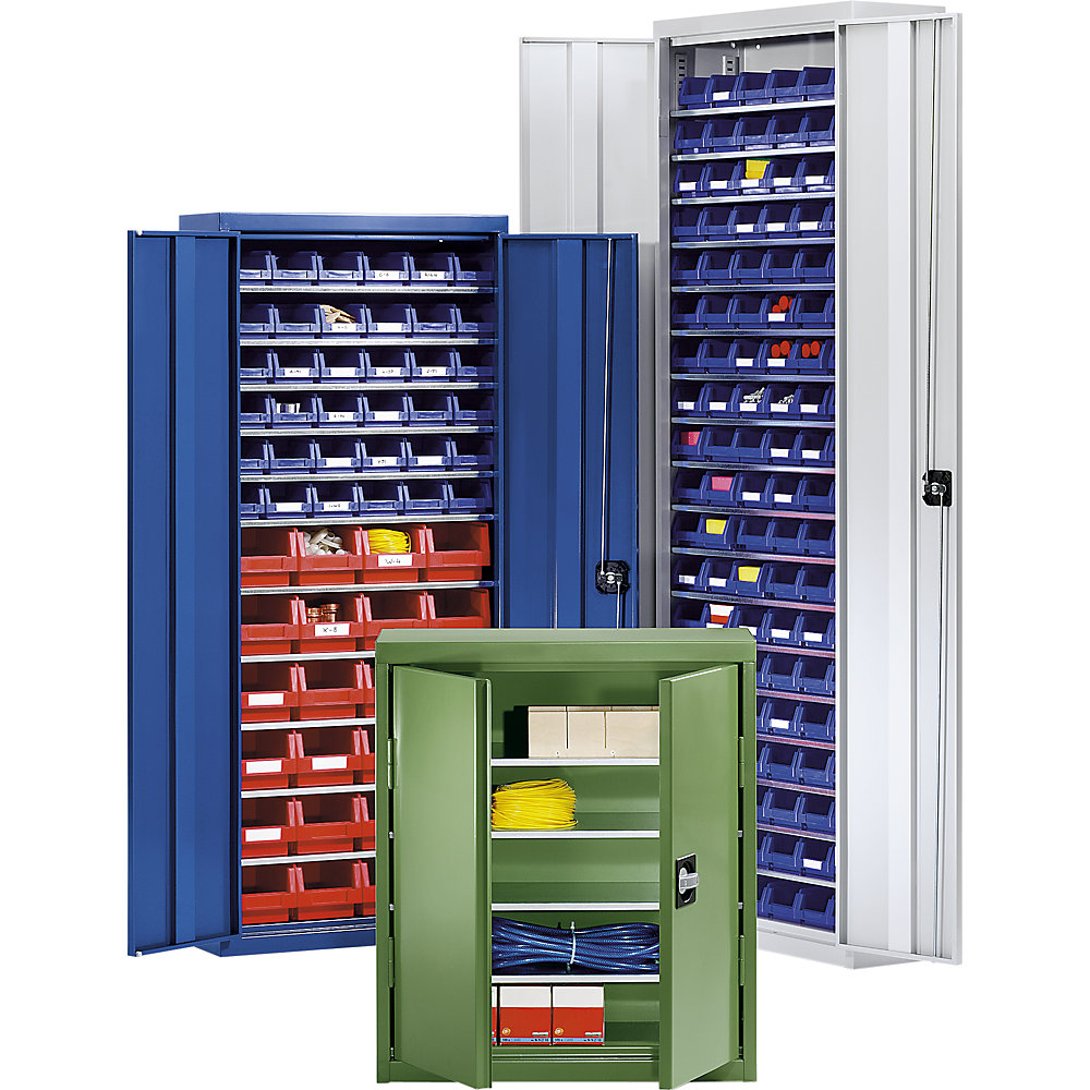 Materialschrank aus Stahlblech, Höhe 2000 mm, lichtgrau RAL 7035 / enzianblau RAL 5010, 15 Böden eurokraft pro 2