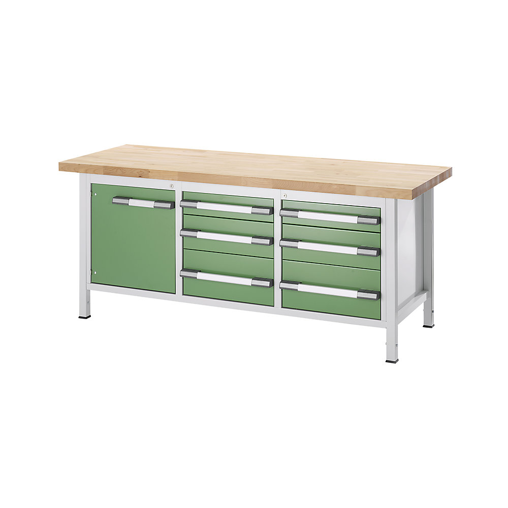 Höhenverstellbare Werkbank, Gestellbauweise, 6 Schubladen, 1 Flügeltür, Breite 2000 mm, anthrazit / blau eurokraft pro 2