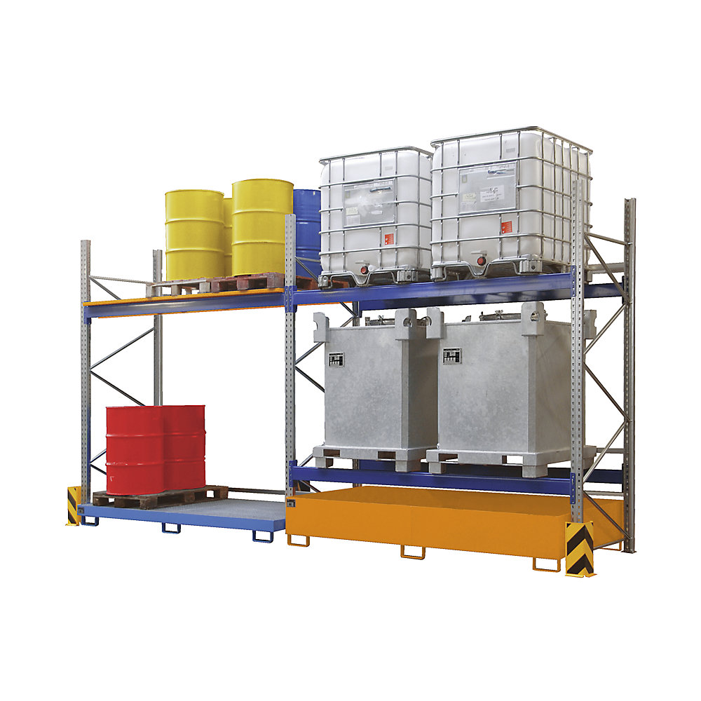 Regal-Bodenwanne, 1000 l Auffangvolumen, LxBxH 2150 x 1300 x 505 mm, ohne Gitterrost, rot lackiert eurokraft pro 2
