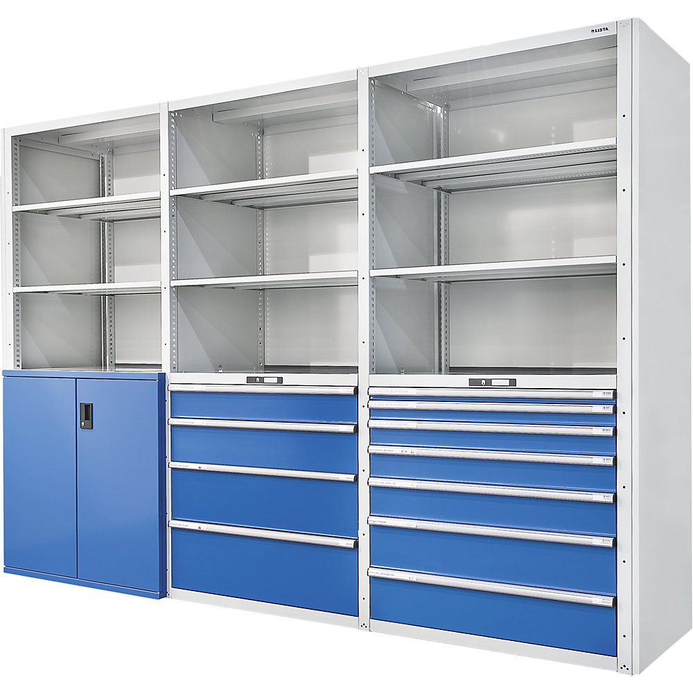 Schubladenregal, 3 Universal-, 2 Verstell-, 2 Auszugböden 75 kg, Anbaufeld LISTA 2