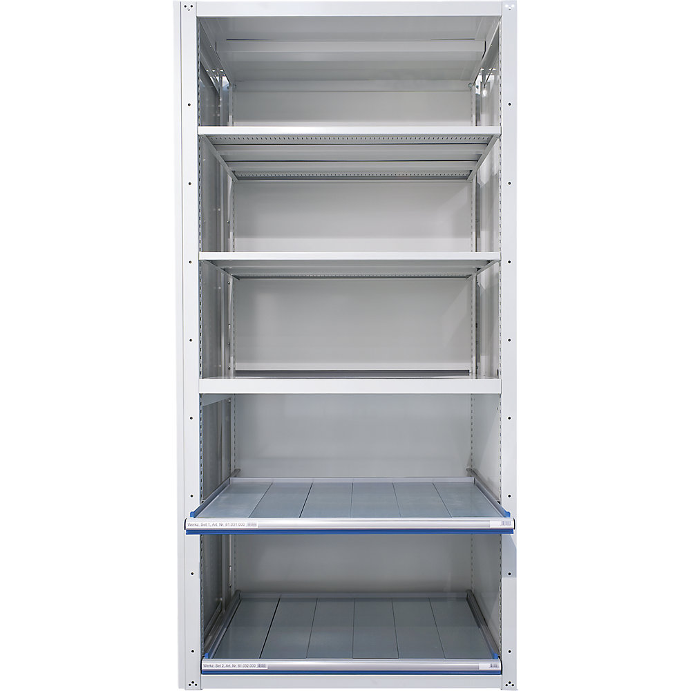LISTA Rayonnage à tiroirs, 3 tablettes universelles, 2 réglables, 2 coulissantes, rayonnage additionnel