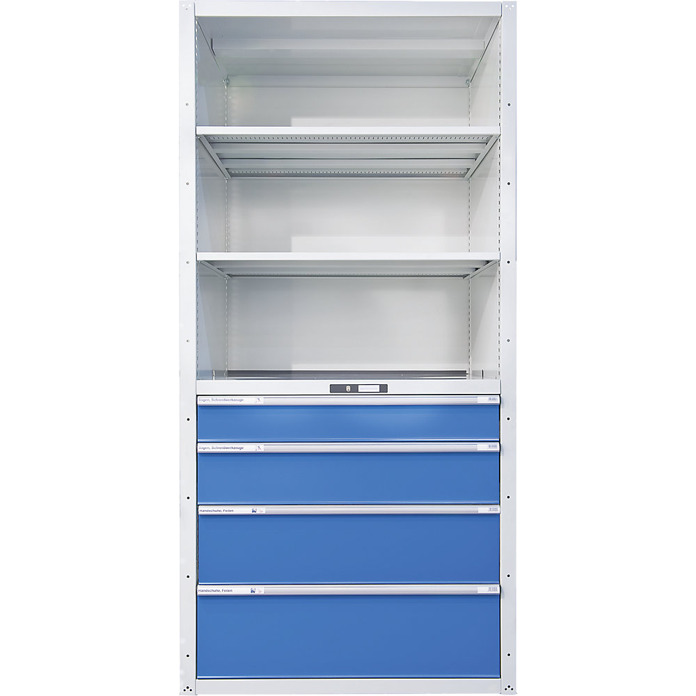 LISTA Rayonnage à tiroirs, 3 tablettes universelles, 2 réglables, 4 tiroirs, rayonnage additionnel