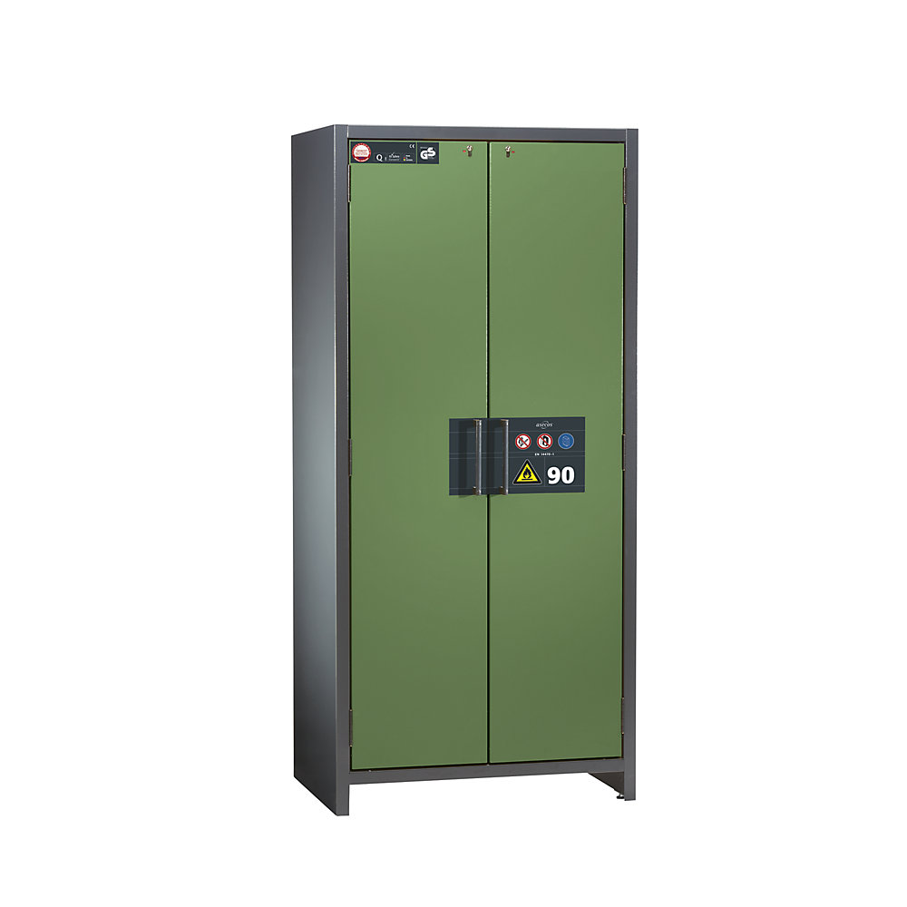 asecos Fire resistant industrial hazardous goods cupboard, type 90, HxWxD 1955 x 900 x 615 mm, reseda green door