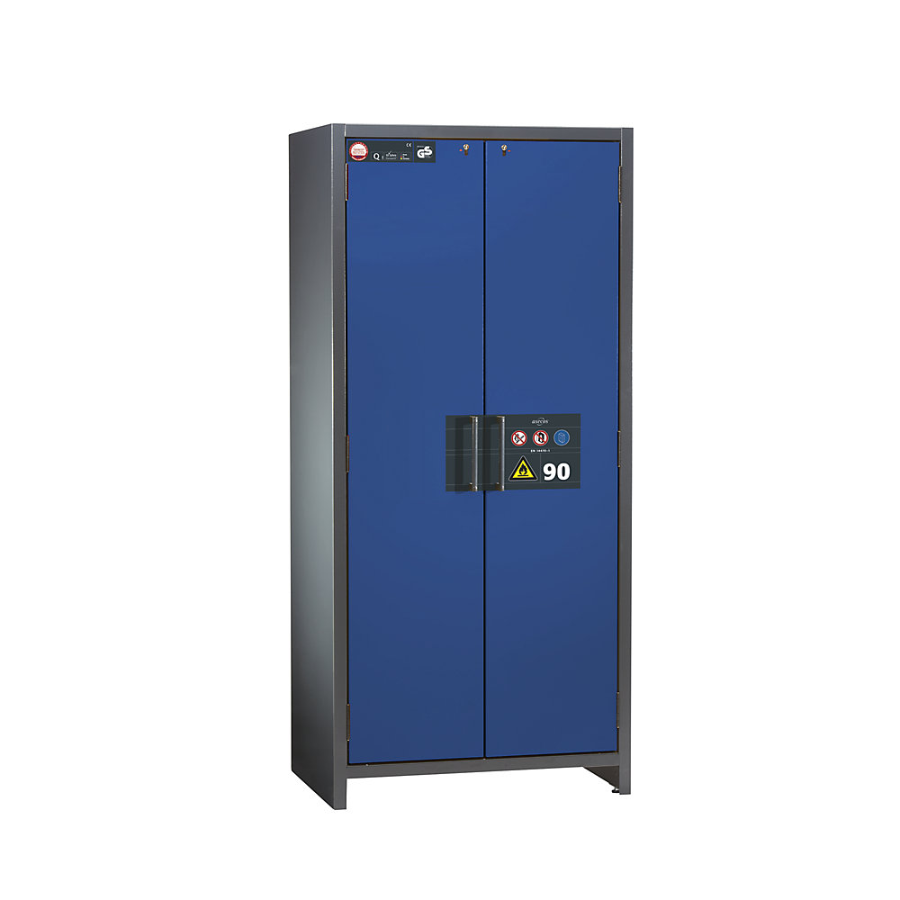 asecos Fire resistant industrial hazardous goods cupboard, type 90, HxWxD 1955 x 900 x 615 mm, gentian blue door