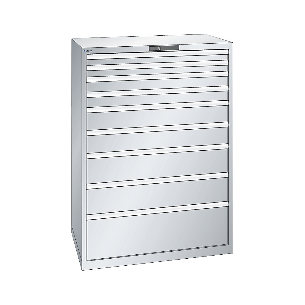 LISTA Armoire à tiroirs en tôle d'acier, h x l 1450 x 1023 mm, 9 tiroirs, charge max. 200 kg, gris clair